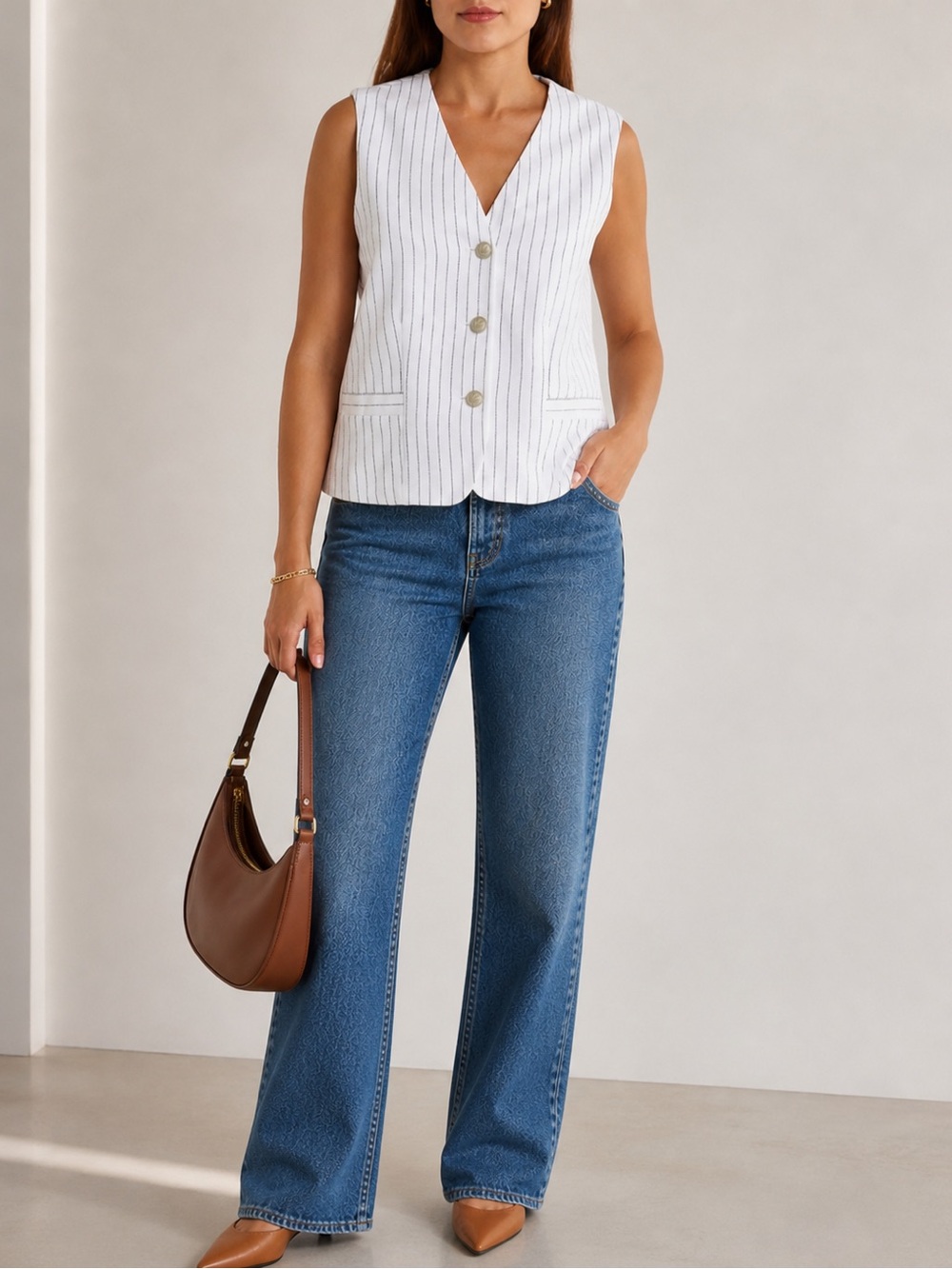 rag & bone White Pinstripe Albany Cotton & Linen Button Vest